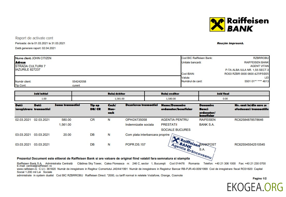 Modèle de relevé bancaire Roumanie Raiffeisen au format Excel et PDF